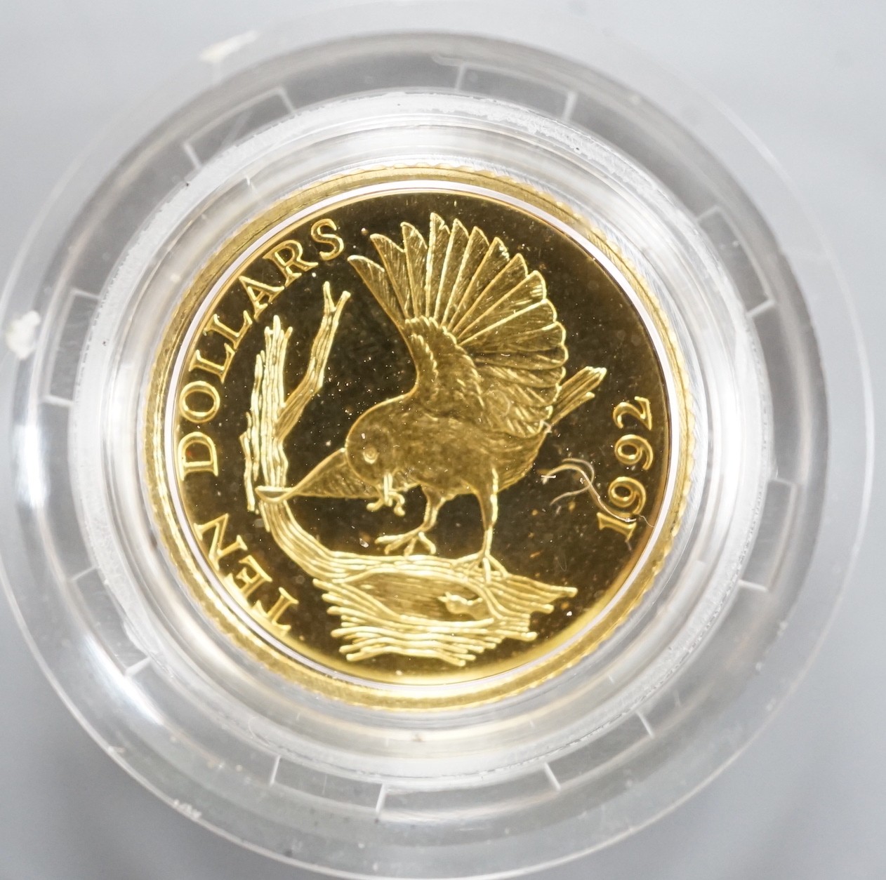 A cased Elizabeth II 1992 ten dollar gold coin.